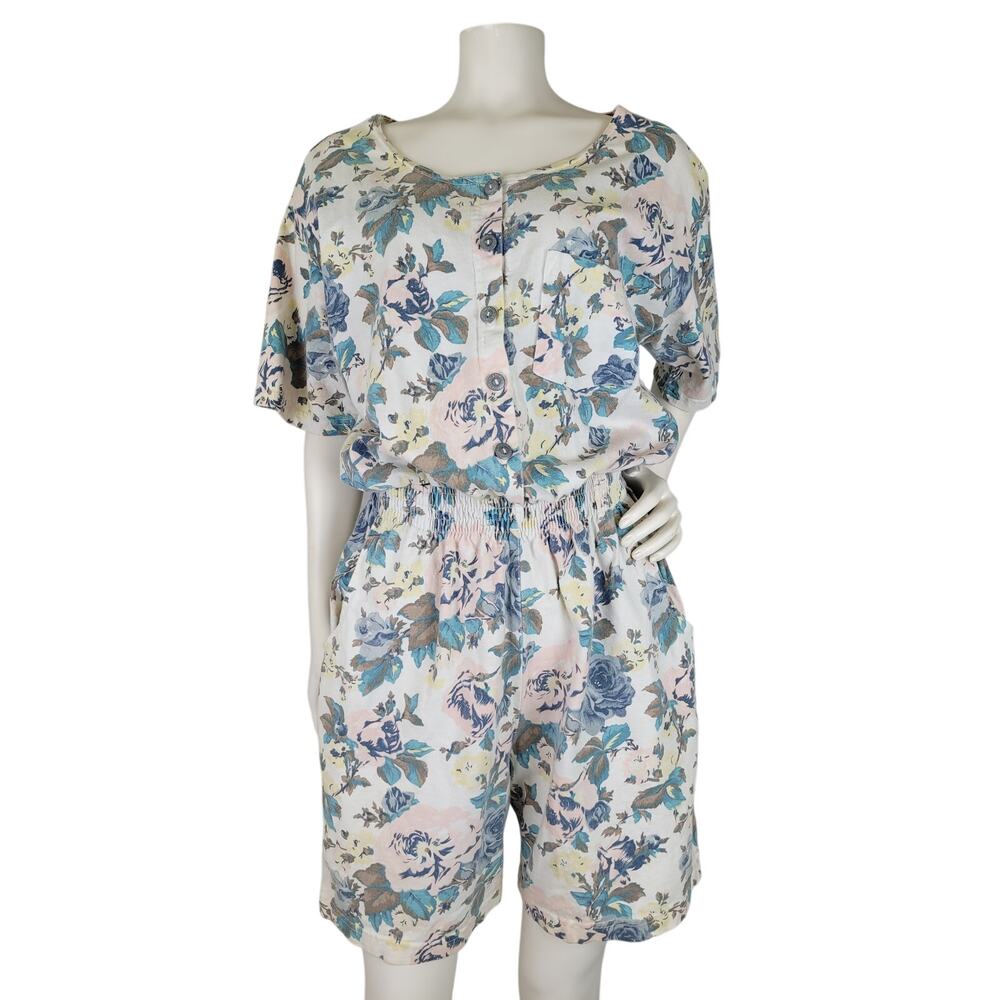 1990s Action Gear Pastel Flower Print Cotton Jersey Romper Women's Sz M/L